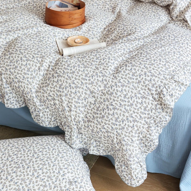 BuLuTu Chic Shabby Floral Girls Boys Duvet Cover Twin Size  Blue Flower Print Kids Duvet Cotton Muslin Soft Breathable Ruffled Quilt Cover Children Bedding  Zipper Closure - Image 5